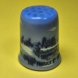 Currier and Ives Sewing Thimble The Farmers Home Porcelain Winter Scene Blue